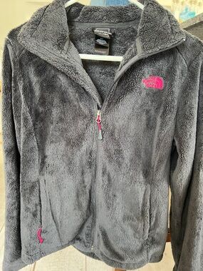 The North Face Osito Charcoal Gray Plush Fleece Jacket with Pink Logo